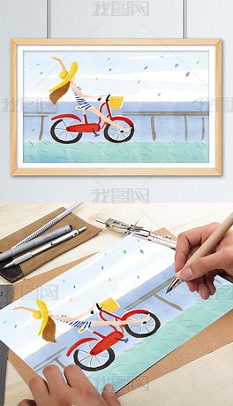 原创手绘水彩画夏天女孩骑自行车插画