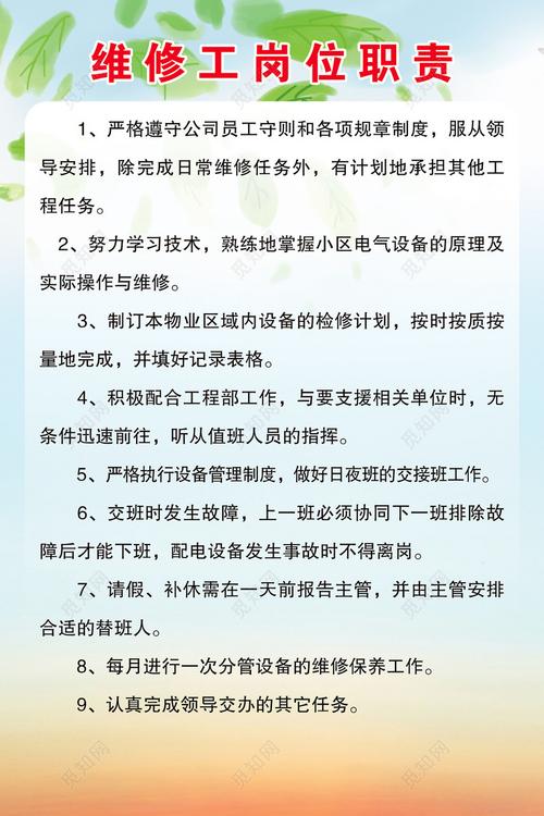 公司员工维修工工作岗位职责制度牌