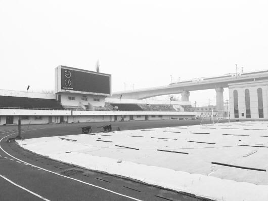 图为火车头的体育场,不远处动车飞驰而过