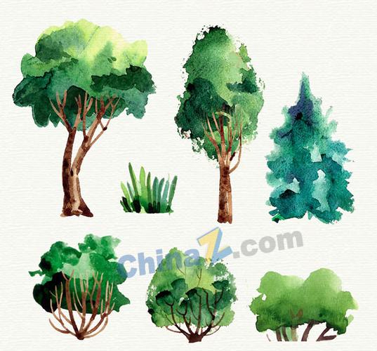 水彩绘绿色树木矢量素材适用于灌木插画设计的ai格式素材