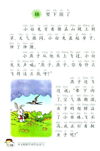 本章节为人教版一年级语文下册电子课本的16.要下雨了章节