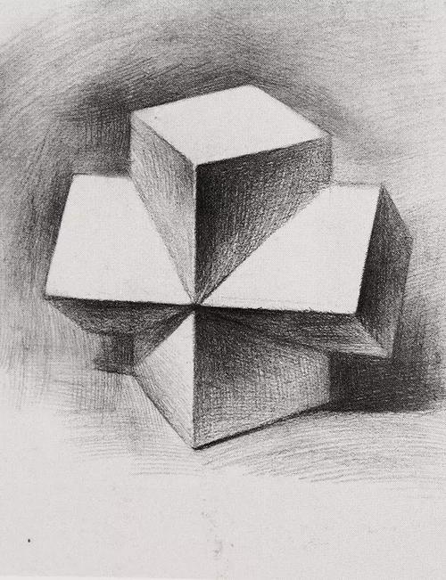 几何体明暗素描十字贯穿体画法