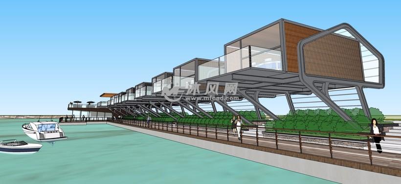 海滨休闲公园悬挑式钢结构观海餐厅三维模型 - 景观