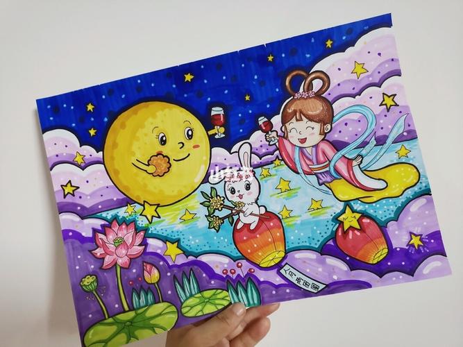 《快乐中秋》_中秋去哪玩_马克笔_游泳_汤圆_中秋节去哪玩_儿童画