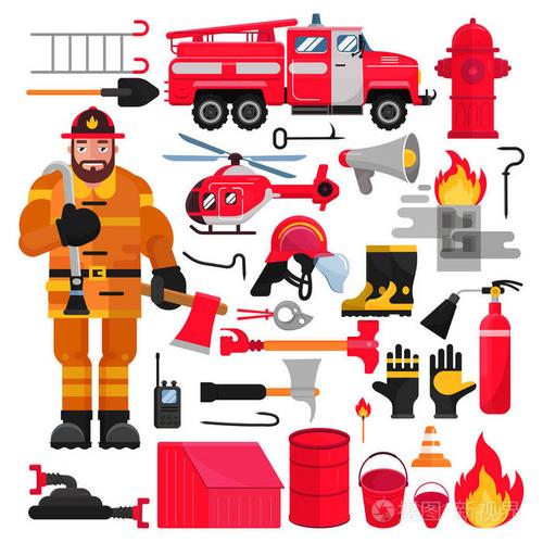 消防员向量灭火设备流水消火栓和灭火器例证消防套 firemans 制服与
