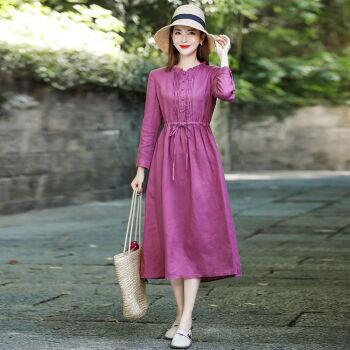 显瘦棉麻中长款长袖连衣裙2022年春秋季新款女装气质麻料裙子浅紫色s