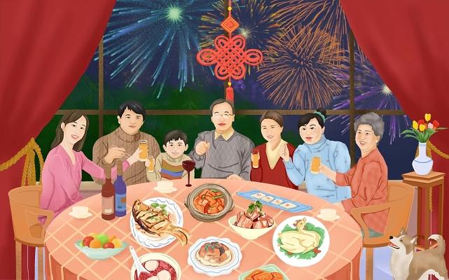 全家福过新年手绘春节除夕年夜饭春节原创插画素材