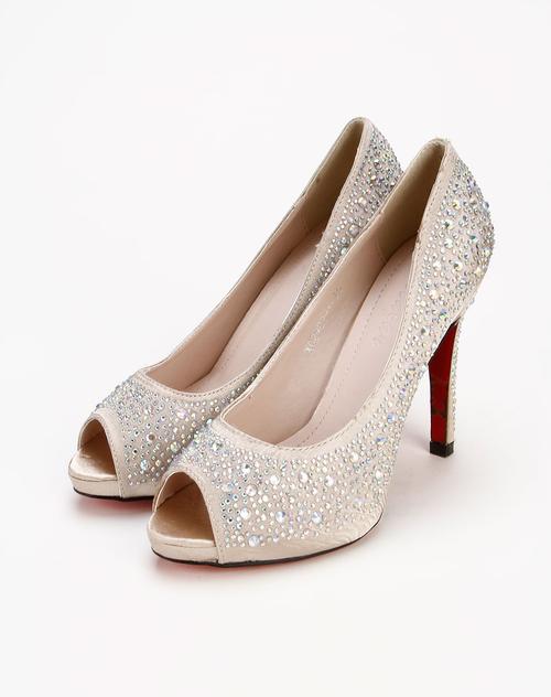 阿卡莎alcazar 女款香槟色烫钻鱼嘴鞋高跟鞋