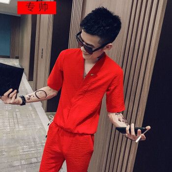 专帅 社会人夏季修身套装男潮流发型师型男精神小伙短袖衬衫快手网红