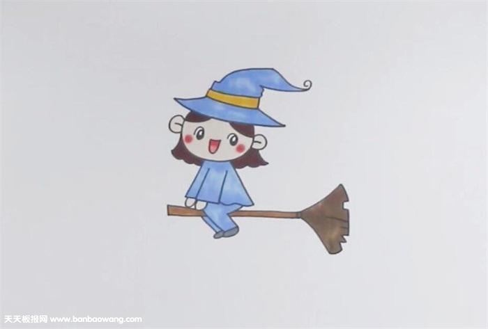 4, 扫把为棕色,再画上腮红,这样,万圣节巫婆的简笔画就画好了.