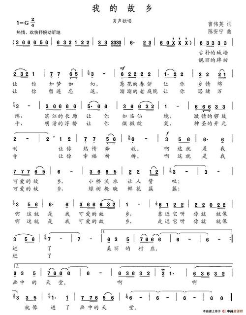 歌谱:我的故乡(曹伟英词 陈安宁曲)(其他曲谱/简谱)