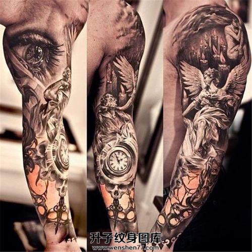 男性欧美写实眼睛天使钟表纹身