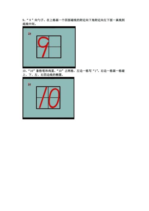 1——10个数字的在日字格里的标准写法