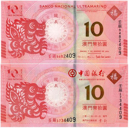 2012年澳门龙年纪念钞三同对号钞 第一版澳门生肖龙钞 后三位无4