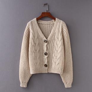 2018秋季韩版新款时尚宽松粗针麻花针织纯色v领毛衣外套开衫