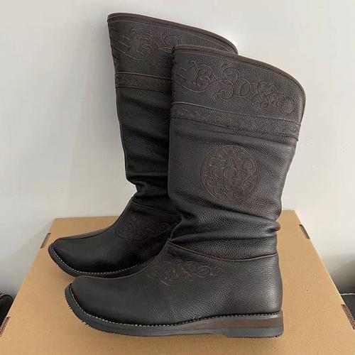 男士棉靴头层牛皮靴民族风高筒翘头靴婚靴尖头演出靴马靴秋冬新款