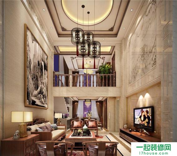 中式风格复式客厅背景墙装修效果图欣赏