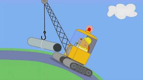 儿童简笔画,狗先生驾驶着吊管机运来了一根巨大的水管