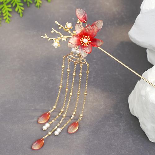 古风汉服流苏古装头饰红色珠花发簪步摇配饰表演饰品发钗 图片色