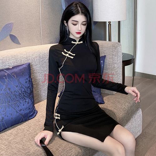 绍筁 旗袍2021年秋装新款年轻款改良版少女性感开叉紧身长袖包臀
