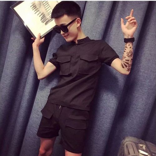 麒鹏社会小伙短袖套装男夏季帅气潮流修身一套精神快手红人上衣服短裤