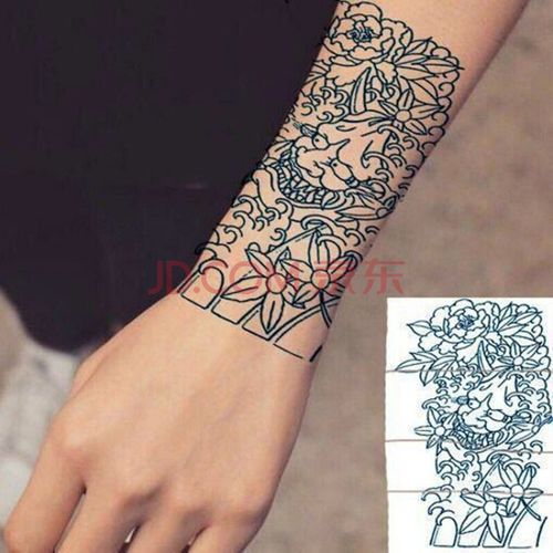 妙微熊草本果汁线条刹车印般若纹身贴防水男女图腾手臂仿真纹身贴纸