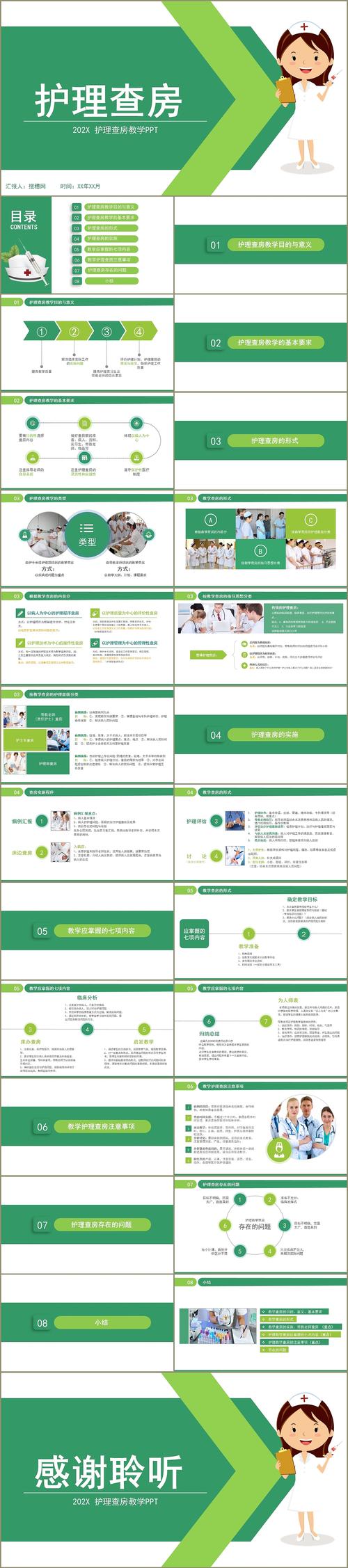 绿色扁平化护士护理查房报告医护人员培训ppt模板