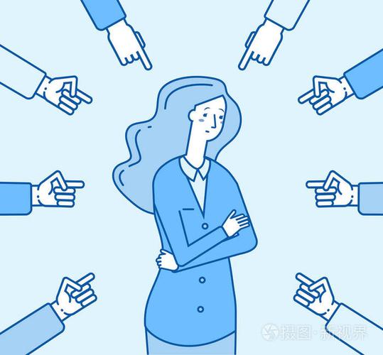羞愧的社会妇女悲伤抑郁的女孩和指指点点的手指沮丧愚蠢指责受害者