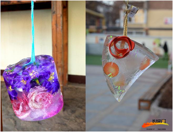 孩子们和家长制作的具有独特风格的冰灯.