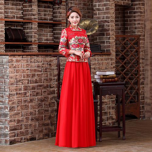 2015新款秋冬季冬装红色新娘结婚礼服唐装长袖旗袍敬酒服婚纱大码
