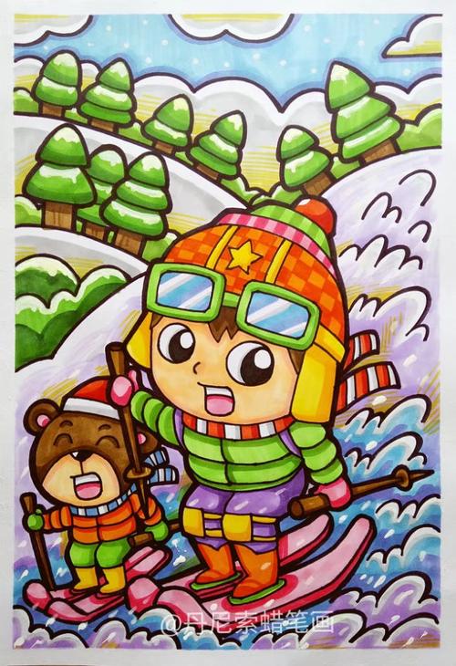 儿童画,滑雪