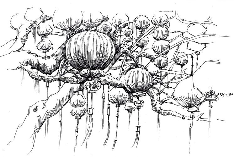 速写手绘灯笼高高挂在树上,适合上色_灯笼_速写_上色