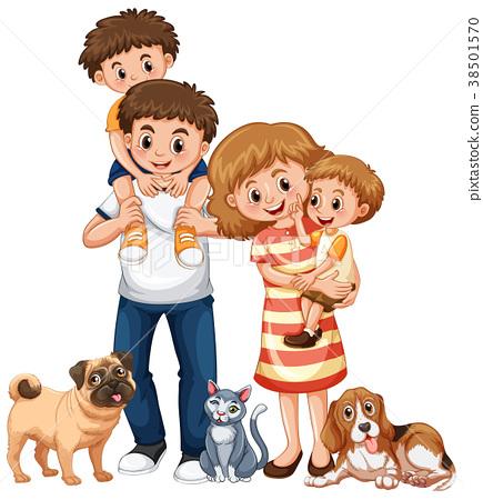 插图素材: family with two boys and pets
