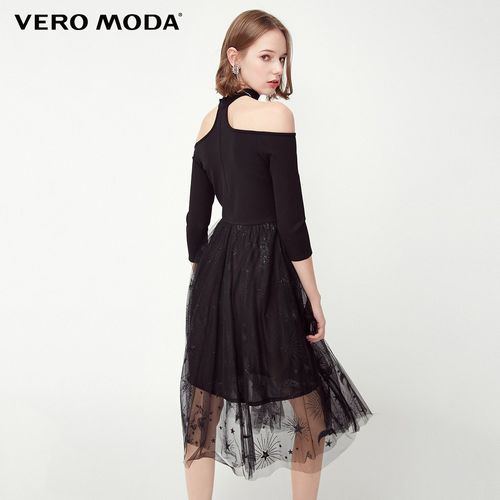 绫致veromoda2020新款女士一字肩拼接亮片纱裙连衣裙