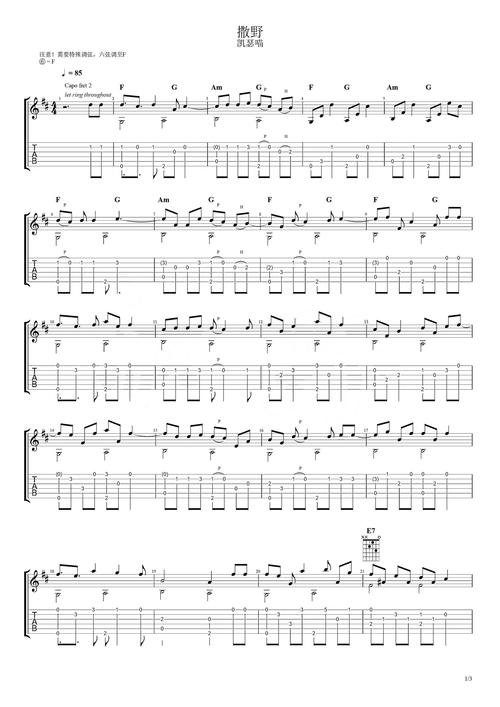 凯瑟喵《撒野》吉他谱_吉他独奏谱