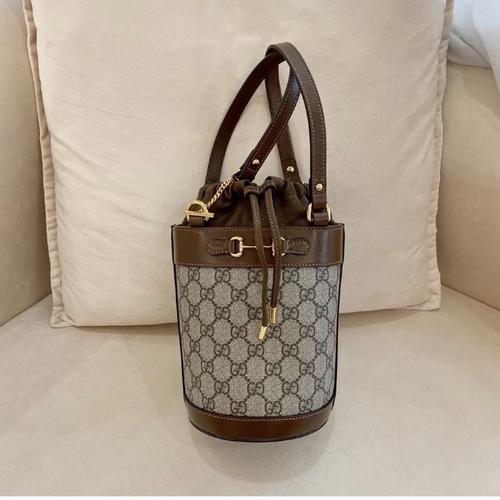 gucci古驰爆款杨幂1955马衔扣水桶包手提包 帆布老花焦糖色