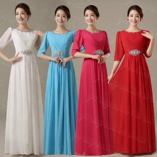 新款带花合唱服女长裙 合唱演出服 大合唱舞台服装 雪纺长款礼服