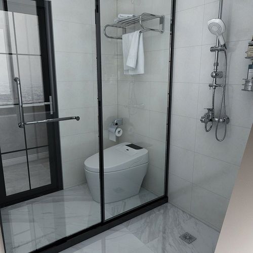 卫生间湿区分区明确,一扇移门隔离开淋浴房和马桶