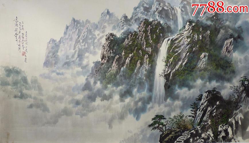 朝鲜水墨画纯手绘李永变金刚山彩霞峰1994年9月176x95cm