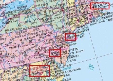 华盛顿 纽约 费城 波士顿 在地理上的位置 从北到南的顺序