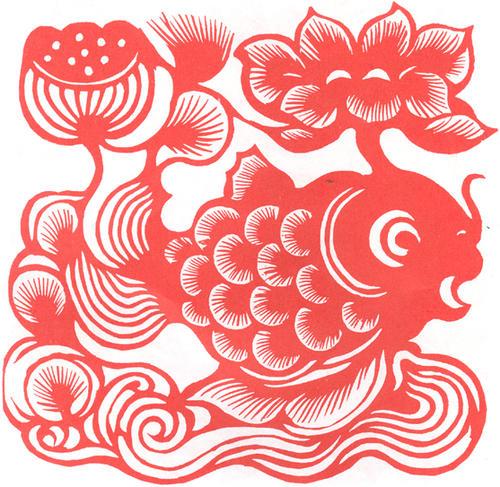 民间吉祥剪纸把莲花和鱼巧妙地组合在一起 剪纸艺术连年有余 剪纸