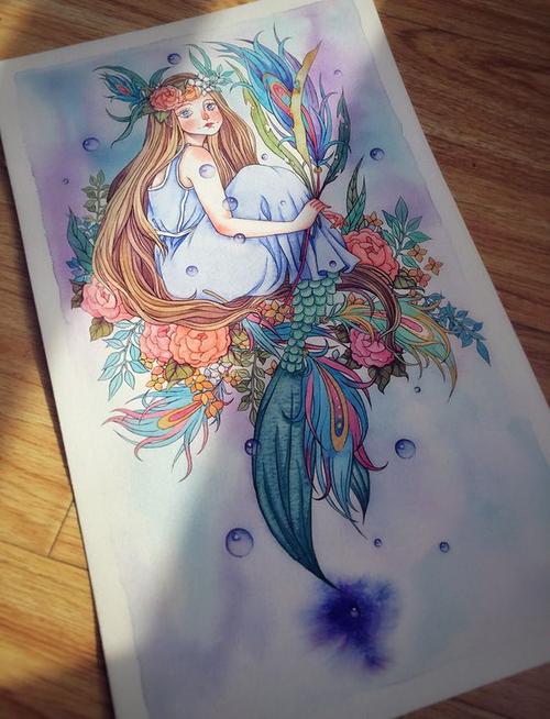 人鱼症-黑眼圈弟弟_水彩,少女_涂鸦王国插画