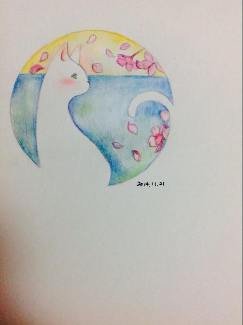水溶水彩铅笔画,樱花下的猫