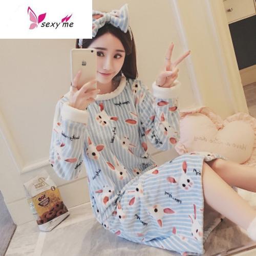 鱼篓fishbasket超柔法兰绒睡衣女加厚睡裙加绒韩版甜美女孩珊瑚绒冬天