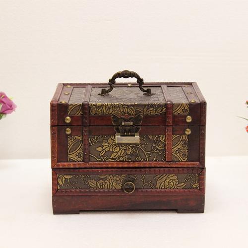 j特价中式仿古木制多层带镜子首饰盒木质复古梳妆盒古典收纳化妆