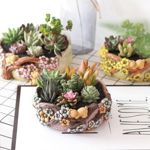 购客免邮 多肉绿植种植盆田园风做旧土陶花盆 花盆 立体图案结守陀