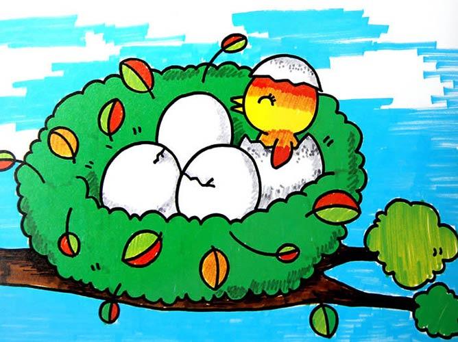 儿童画彩笔画作品:小鸡出壳