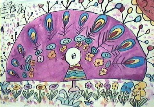 花孔雀儿童水墨画
