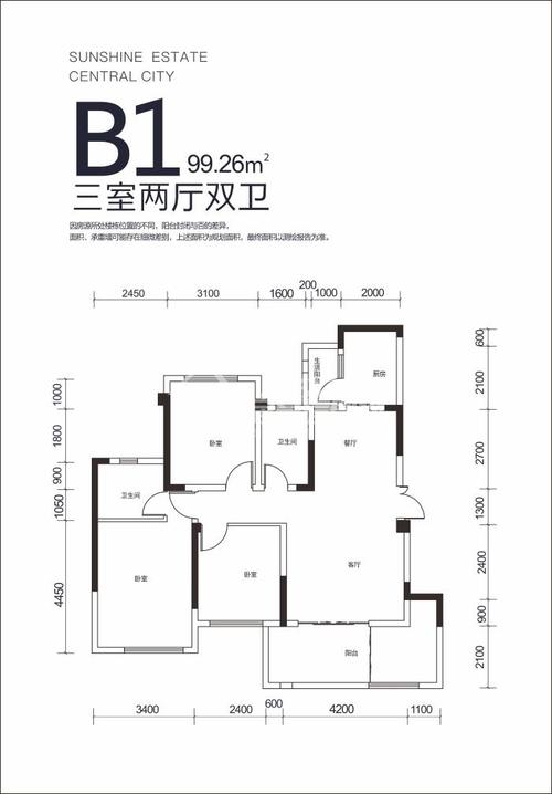阳光中心城主推b1户型 99.26m2三室两厅两卫等你来选