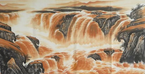 手绘特价中式四尺挂画山水装饰客厅瀑布壶口国画